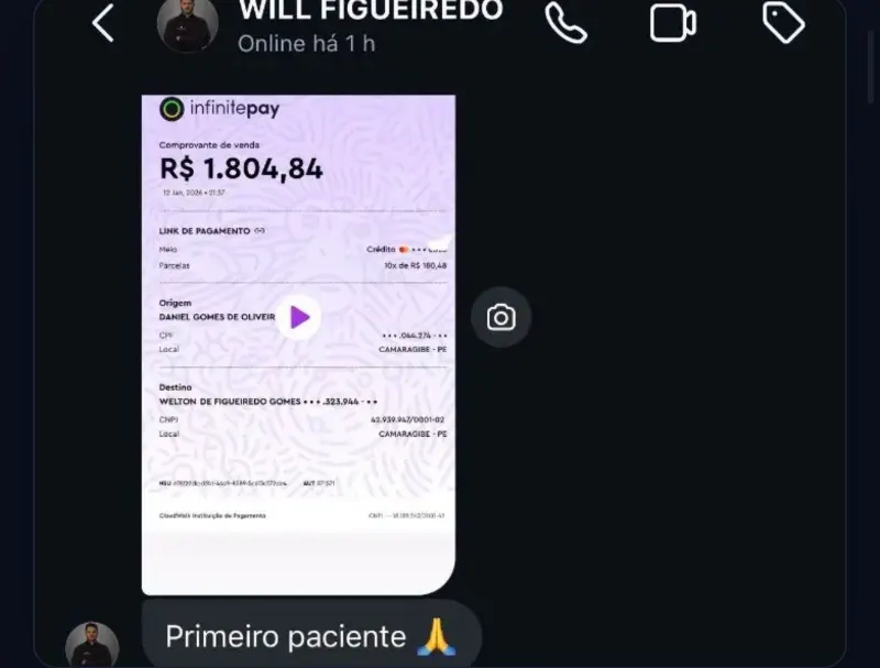 Comprovante de R$ 1.804 do primeiro paciente